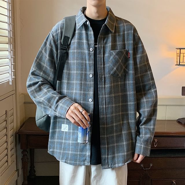 Obikan-Collared Plaid Button Up Oversized Shirt