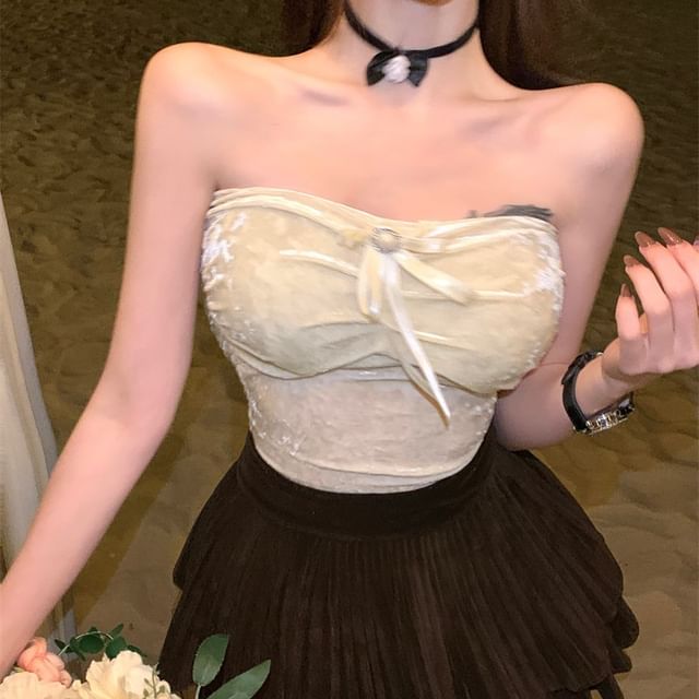 Miusee-Bow Velvet Crop Tube Top