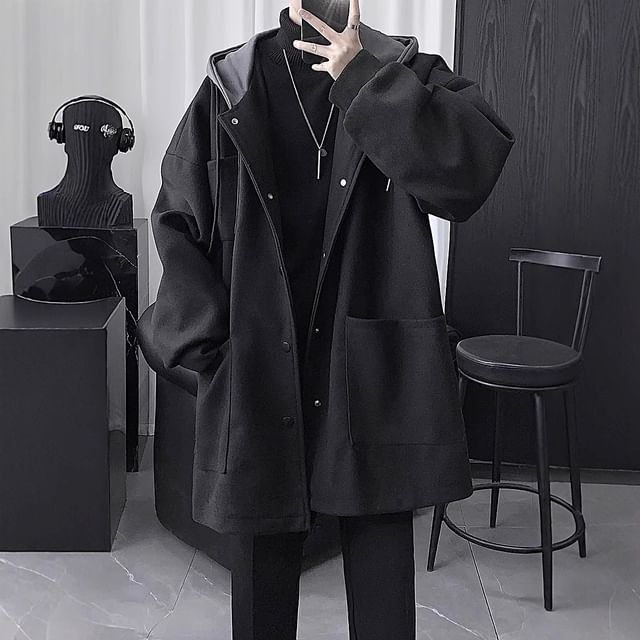 Myanderthal-Plain Hooded Pocket Detail Single-Breasted Coat
