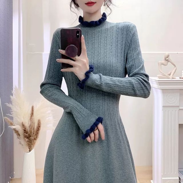 Long-Sleeve High Neck Plain Ribbed Midi A-Line Knit Dress
