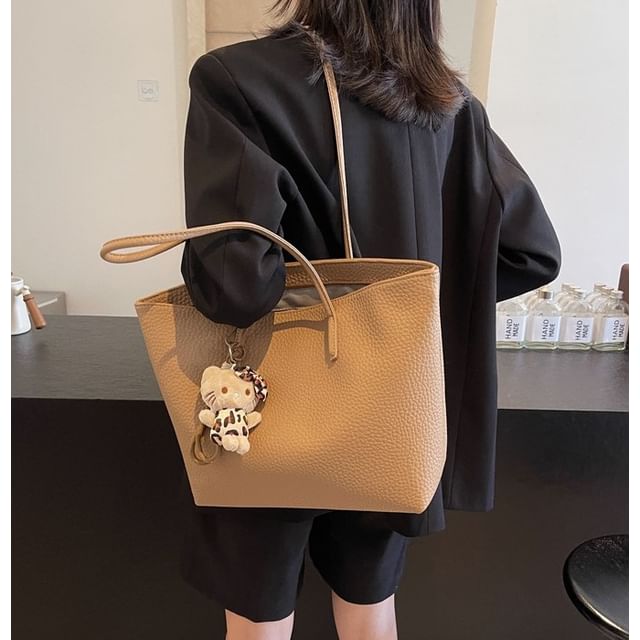 NewTown-Plain Faux Leather Tote Bag