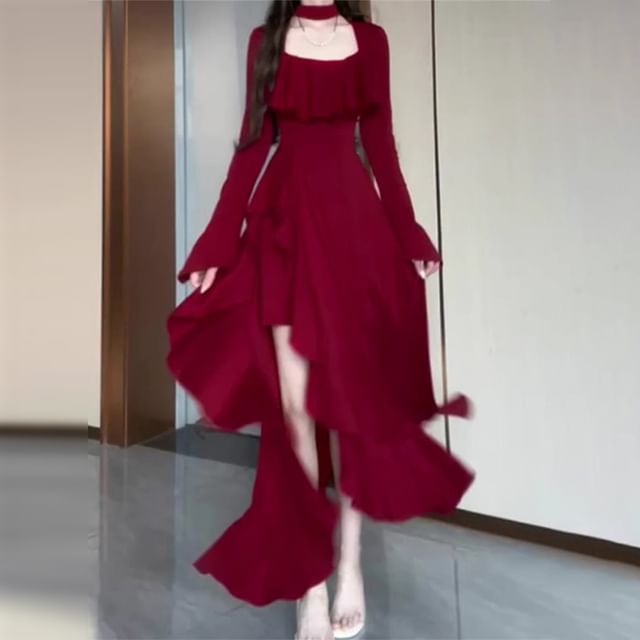 minaga - Flared-Sleeve Square Neck Plain Ruffle Asymmetrical Maxi A-Line  Dress | YesStyle