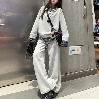Closette-Plaid Mock Two Piece Polo Pullover Drawstring Waist Plain Wide Leg Sweatpants