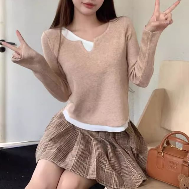 Allinya-Mock Two-Piece Long-Sleeve Two Tone Knit Top