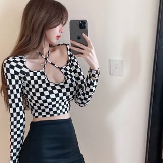 Alfie Long Sleeve Check Cutout Halter Cropped Top