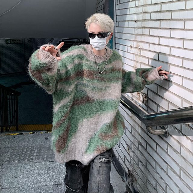 emeisa-Crew Neck Camouflage Fluffy Oversized Sweater