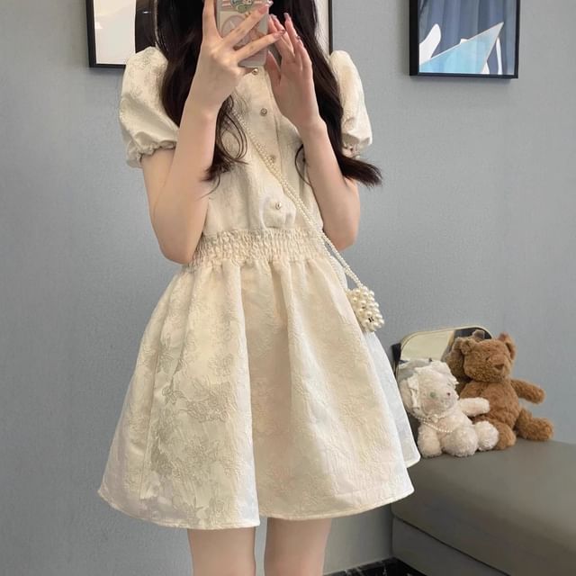 Sienne-Short Sleeve Collared Button Jacquard Mini A-Line Dress