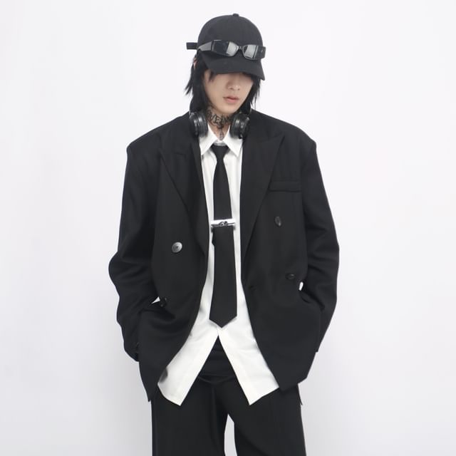 Derbundy-Lapel Collared Plain Double-Breasted Blazer