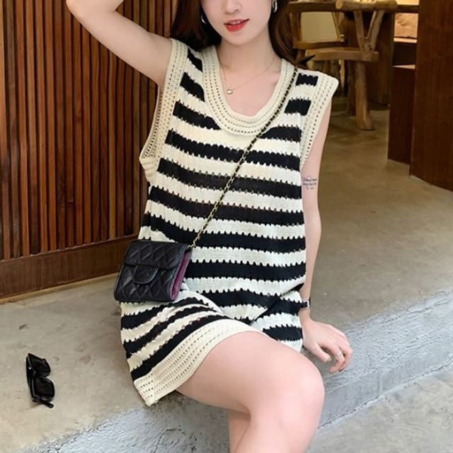 Erione - Sleeveless Scoop Neck Striped Pointelle Knit Mini Shift Dress |  YesStyle