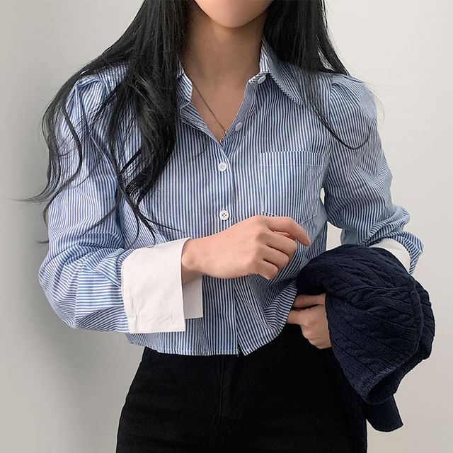 Coris-Long Sleeve Collared Striped Button Up Shirt
