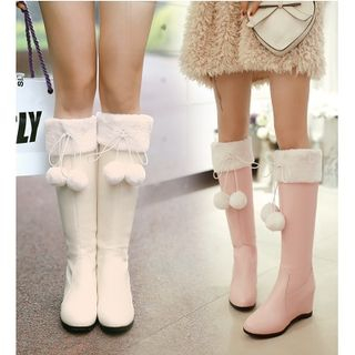 Freesia Faux Leather Pompom Hidden Wedge Knee-high Boots