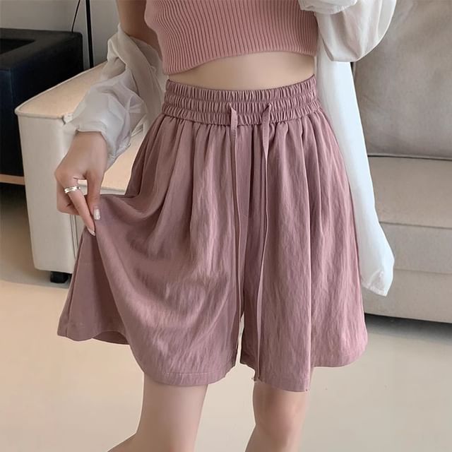 Cloud Nine-Drawstring Waist Plain Wide Leg Shorts