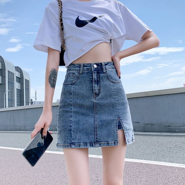 HYAKU-High Waist Slit Washed Denim Skort