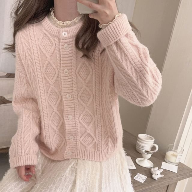 Glotto-Crew Neck Plain Cable Knit Button-Up Cardigan