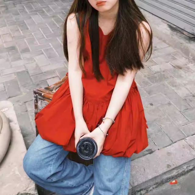 monroll-Sleeveless Round Neck Plain Bubble Mini A-Line Dress