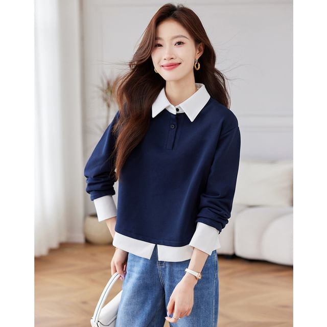 Jeonseon-Collared Mock Two Piece Slit Pullover