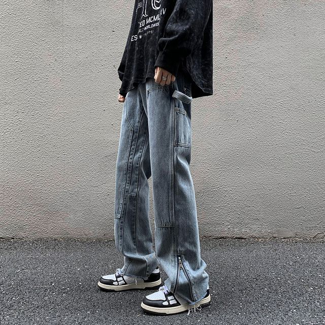 Bay Go Mall-Zip Slit Loose Fit Jeans