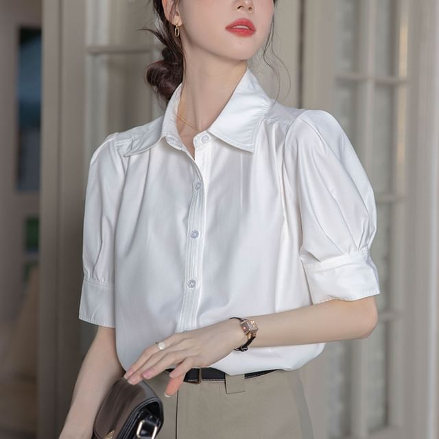 Lewwe-Puff-Sleeve Plain Shirt