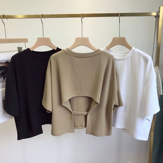CRIBI-Elbow-Sleeve Round Neck Open Back Plain Crop Shirt