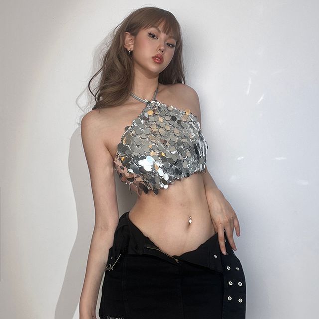 Bababy-Sequin Cropped Halter Top