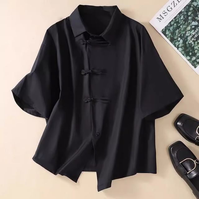 fluffush-Short-Sleeve Plain Frog Button Shirt