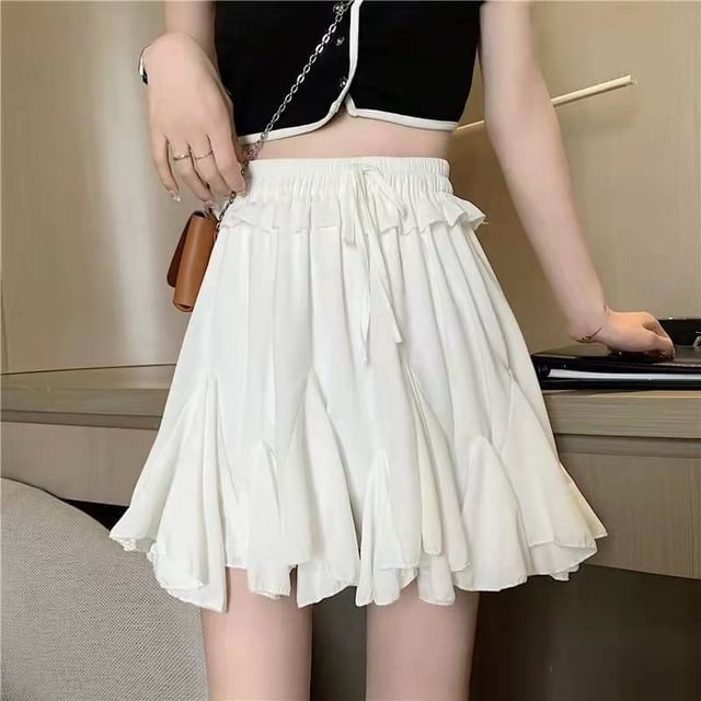 Hevnir-Drawstring Waist Plain Ruffle Mini A-Line Skirt