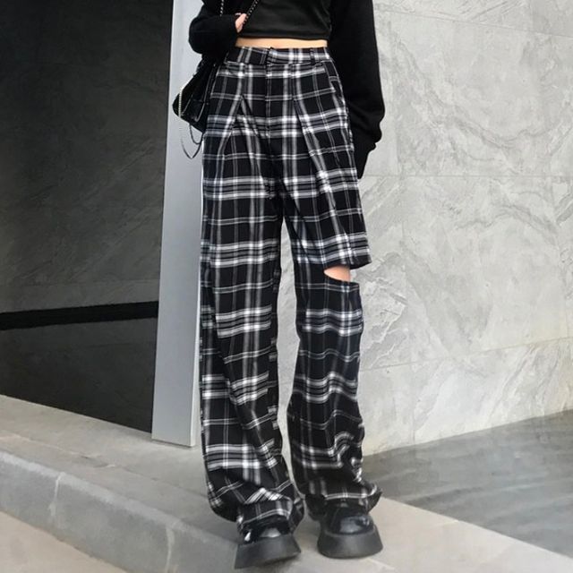 High Waist Plaid Distressed Wide Leg 