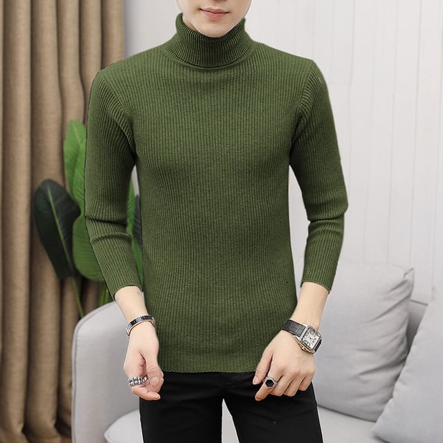 YIKES-Turtleneck Plain Ribbed Sweater