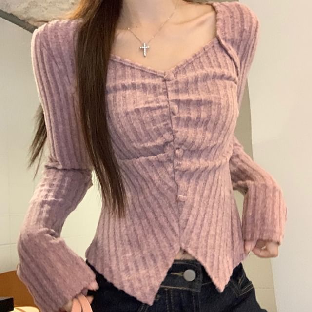 Beem-Long Sleeve V-Neck Plain Ribbed Knit Cropped Top