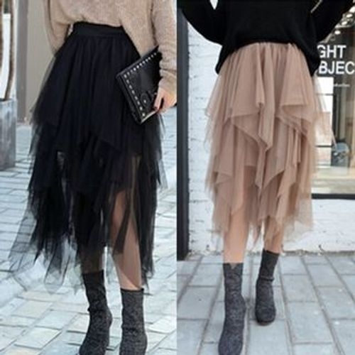 Solid Color Layered Mesh Skirts for Women Stretchy High Waist Pleated Midi  Skirt Autumn Flowy Casual A-Line Skirts 