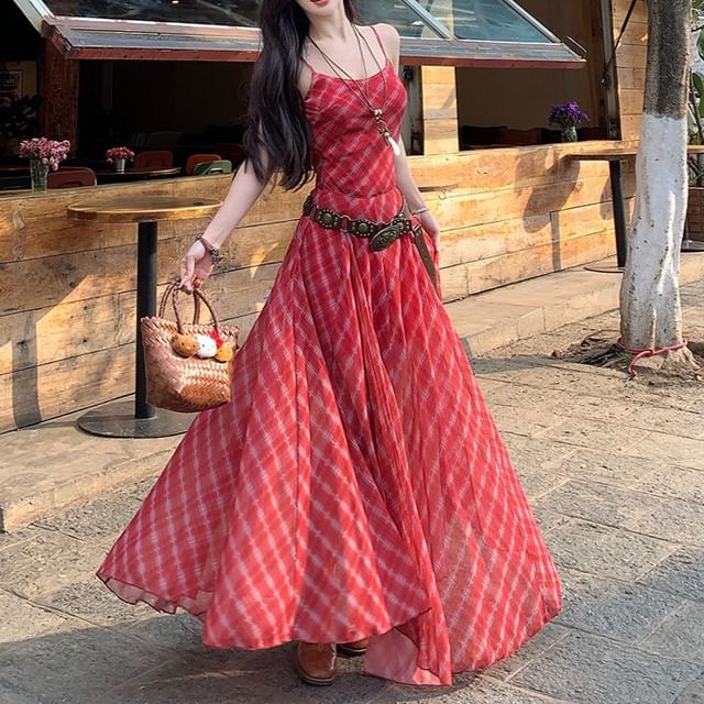 Faiar-Spaghetti Strap Plaid Maxi A-Line Dress