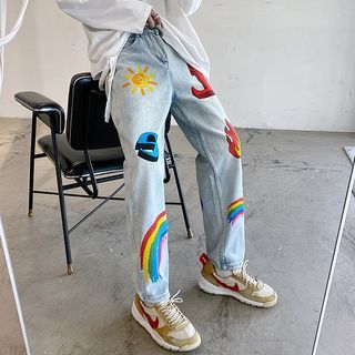 Citigleam - Rainbow Print Straight-Cut Jeans | YesStyle