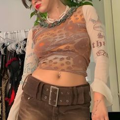 Sosana - Long-Sleeve Ruffle-Neckline Lettuce-Edge Printed Cropped Mesh Top Sosana - Long-Sleeve Ruffle-Neckline Lettuce-Edge Printed Cropped Mesh Top