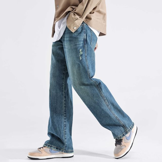 Adothuiastic-Mid Rise Washed Distressed Loose Fit Jeans