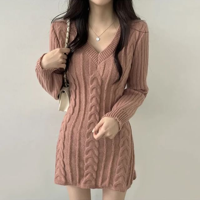 arimomo - Long-Sleeve V-Neck Plain Cable Knit Mini Sheath Sweater Dress |  YesStyle