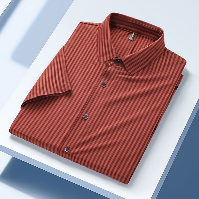 Lefitt-Short-Sleeve Collared Striped Button Up Shirt
