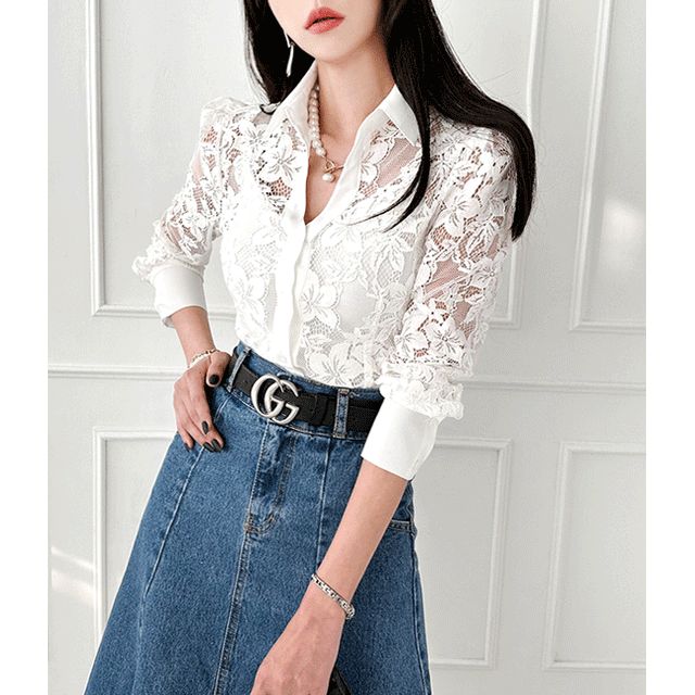 Luxury Designer See-Through Lace Shirt Top Long Sleeve Heavy Beaded Diamond Embroidery Sequined Blouse Mujer