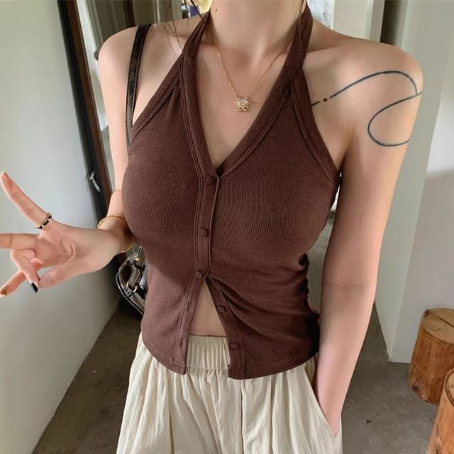 Alfie-Halter Neck Button Up Cropped Top