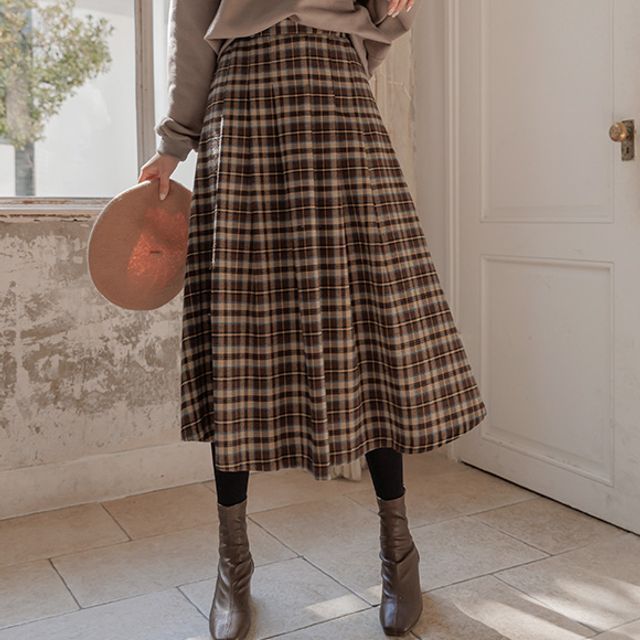 JUSTONE Pleat Flare Long Plaid Skirt YesStyle