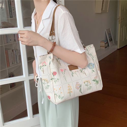 Flower Print Canvas Tote Bag