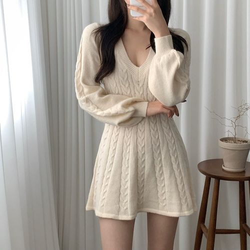 Jeonseon - Puff-Sleeve Cable Knit Dress | YesStyle