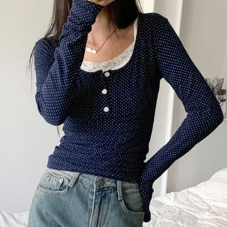 Honet Long Sleeve Mock Two Piece Lace-Trim Dotted Slim-Fit Crop Top Sale