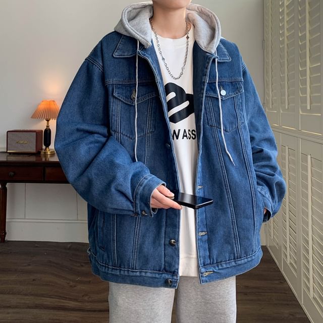 FOEV-Mock Two-Piece Washed Hooded Button-Up Denim Jacket