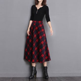 Lewwe-Plaid Midi A-Line Skirt