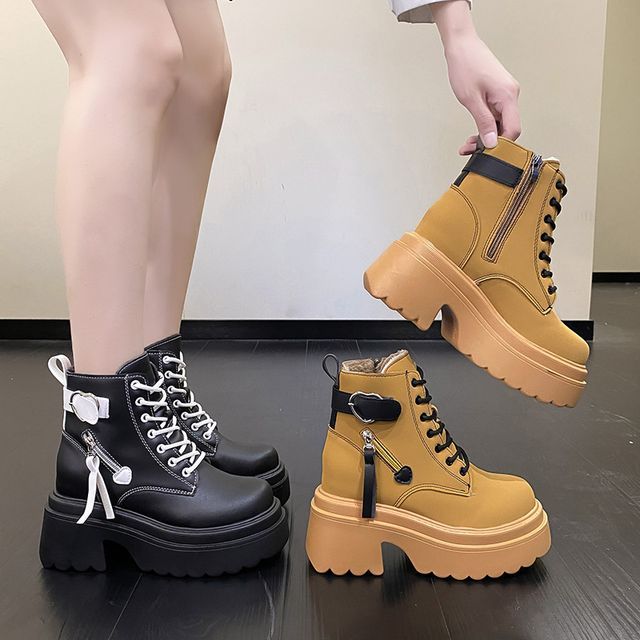 Sleeko - Two Tone Platform Buckled Lace Up Short Boots | YesStyle