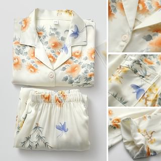 Finlies Pajama Set Short Sleeve Collared Floral Print Shirt + Elastic Waist Straight