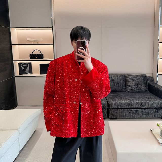 Freehop-Stand Collar Sequin Button-Up Jacket