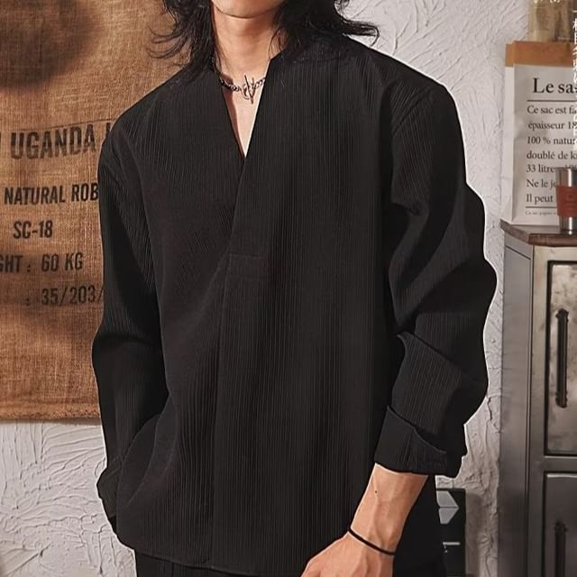 JUN-LEE-Long-Sleeve Notch Neck Plain Ribbed Shirt
