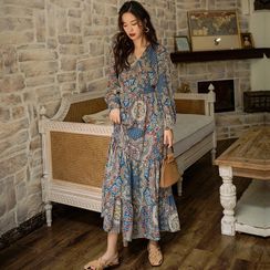 BOHEME - Long-Sleeve Patterned Wrap Midi Chiffon Dress