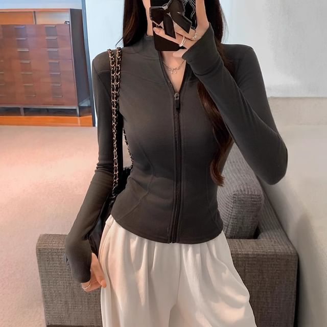 Trendycas-Stand Collar Plain Zip-Up Crop Jacket